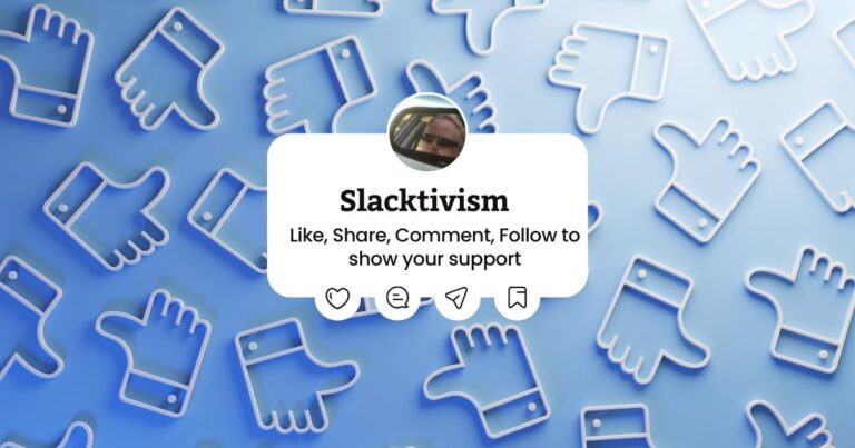 Image shows Bill in rearview mirror on share type card on a background of 'like' icons. Image says "Slacktivism Like, Share, Comment, Follow to show your support"